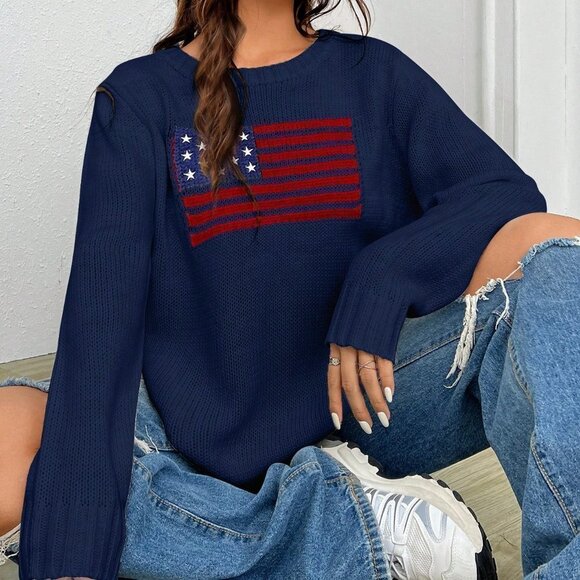 . Sweaters - Blue Casual Womens Flag Pattern Sweater